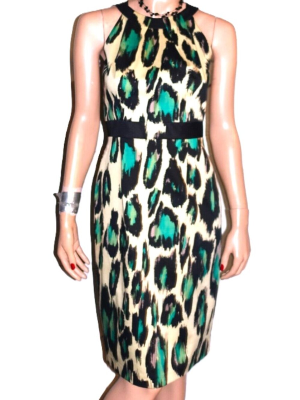 David Meister Tan Black Green Animal Print Dress 4